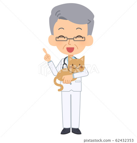 Elderly vet cat pointing smile 62432353