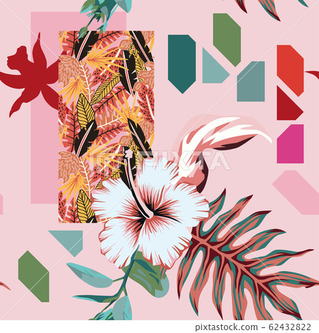 Abstract composition tropical leaves flowers - Stock Illustration ...