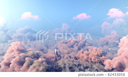 Rocket Launch through the clouds, Starship rocket to the mars. 3d rendering Rocket Launch through the clouds, Starship rocket to the mars. 3d rendering 62433058