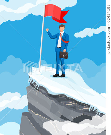 Businessman standing on top of mountain with flag. - Stock Illustration ...