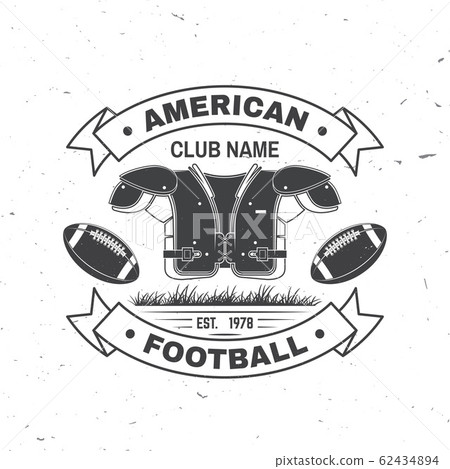 American football or rugby club badge. Vector. Concept for shirt, logo, print, stamp, tee, patch. Vintage typography design with american football ball, grass and shoulder pads silhouette