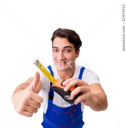 Man with tape measure isolated on white 62435451