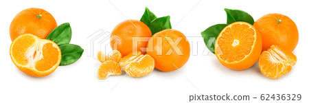 tangerine or mandarin fruit with leaves isolated on white background. Set or collection tangerine or mandarin fruit with leaves isolated on white background. Set or collection 62436329