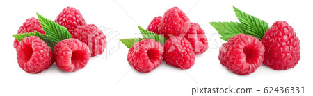Ripe raspberries with leaf isolated on a white background, Set or collection Ripe raspberries with leaf isolated on a white background, Set or collection 62436331
