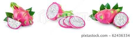 Ripe Dragon fruit, Pitaya or Pitahaya isolated on white background, fruit healthy concept. Set or collection Ripe Dragon fruit, Pitaya or Pitahaya isolated on white background, fruit healthy concept. Set or collection 62436334