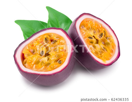 half of passion fruits with leaves isolated on white background. Isolated maracuya 62436335