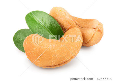 Roasted Cashew nuts with leaf isolated on white background with clipping path and full depth of field. Roasted Cashew nuts with leaf isolated on white background with clipping path and full depth of field. 62436500