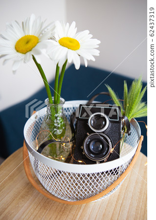 Old vintage rustic camera with a bouquet of daisy 62437319