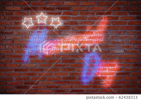 Happy Memorial Day greeting card, National american holiday. Memorial day background with red and blue neon night light letters and star on brick wall background in retro style. Happy Memorial Day greeting card, National american holiday. Memorial day background with red and blue neon night light letters and star on brick wall background in retro style. 62438313