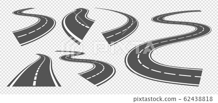 Bending roads. Driving asphalt strip road, curve highway or turn pathway. Vector set grey streets perspective 62438818