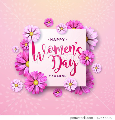 8 March. Happy Womens Day Floral Greeting card. International Holiday Illustration with Flower Design on Pink Background. Vector Spring Template. 8 March. Happy Womens Day Floral Greeting card. International Holiday Illustration with Flower Design on Pink Background. Vector Spring Template. 62438820