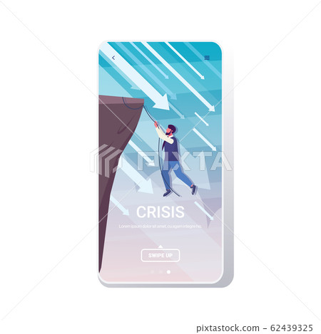 businessman climbing on cliff from abyss arrows falling down financial crisis bankruptcy investment risk concept business man hanging on rope full length smartphone screen mobile app copy space businessman climbing on cliff from abyss arrows falling down financial crisis bankruptcy investment risk concept business man hanging on rope full length smartphone screen mobile app copy space 62439325