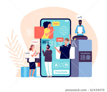 Foreign greeting. Multilingual hello, different languages. Cartoon people diverse countries saying hi. International chat vector concept 62439470