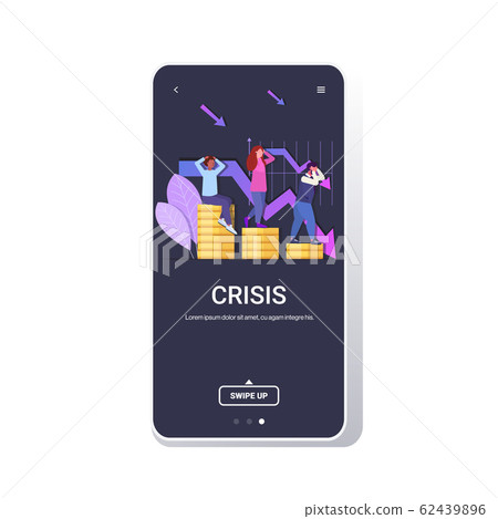 stressed businesspeople on coin piles frustrated about downward chart graph falling down arrow financial crisis failure budget collapse bankruptcy concept smartphone screen mobile app 62439896