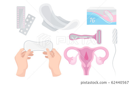 Intimate Woman Hygiene with Sanitary Towels and Tampons Vector Set 62440567