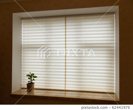Pleated blinds XL Coulisse, beige color, with 50mm fold closeup in the window opening in the interior. 62441978