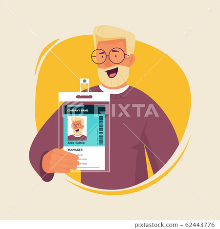 Office manager with id card. Businessman presenting personal badge passport entrance document staff numbers vector character Office manager with id card. Businessman presenting personal badge passport entrance document staff numbers vector character 62443776