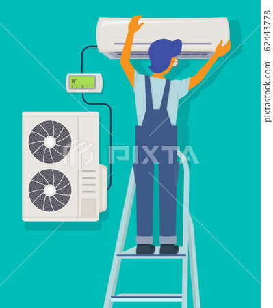 Conditioner repair. Repairman character installing maintenance home items house cold ventilation protection vector concept 62443778