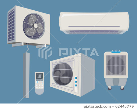 Conditioner set. Air condition wind system ventilation vector cartoon collection home smart items Conditioner set. Air condition wind system ventilation vector cartoon collection home smart items 62443779