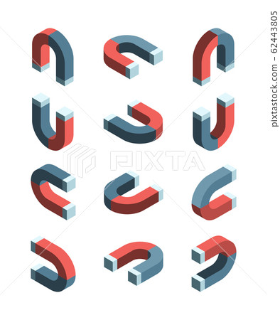 Magnet isometric. Iron items with magnetism connection symbols vector collection set 62443805
