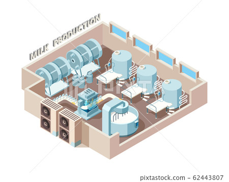 Dairy food factory. Automation industrial milk production bottling equip lines vector isometric factory interior Dairy food factory. Automation industrial milk production bottling equip lines vector isometric factory interior 62443807