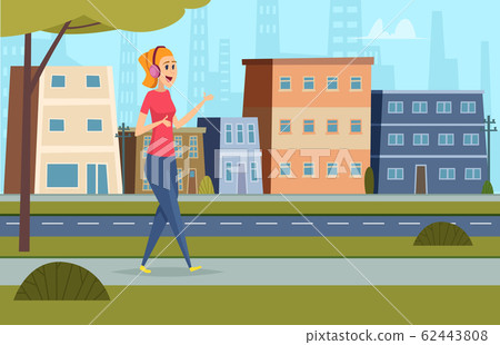 Listen music on street. Outdoor character standing in urban landscape with headset and smartphone student leisure vector background Listen music on street. Outdoor character standing in urban landscape with headset and smartphone student leisure vector background 62443808