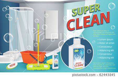 Cleaning agent. Advertizing placard power cleaning spray for surface shower room sanitation dust equipment vector realistic background 62443845