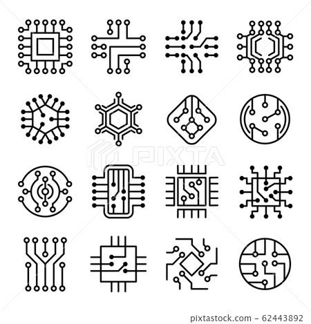 Chip computer. Engineering electronic micro scheme computer system board vector icon set Chip computer. Engineering electronic micro scheme computer system board vector icon set 62443892