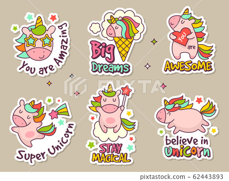 Unicorn badges. Fashion labels set or stickers with fairytale characters vector retro objects set Unicorn badges. Fashion labels set or stickers with fairytale characters vector retro objects set 62443893