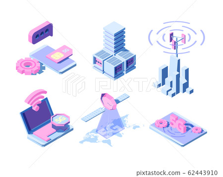 5g isometric. Telecommunication industrial innovation wireless world different gadgets online clouds smartphone vector 62443910