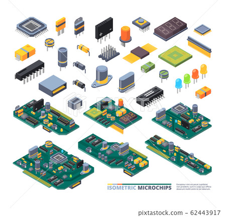 Electrical boards isometric. Hardware items computer power diodes semiconductors and small chip vector equipment set 62443917