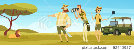Safari background. Outdoor african landscape with wild animals and travellers in car vector kenya safari 62443927