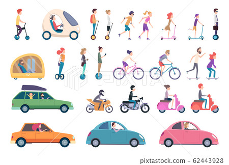 City transport. People driving cars scooter bike hoverboard segway urban activity people lifestyle vector set 62443928