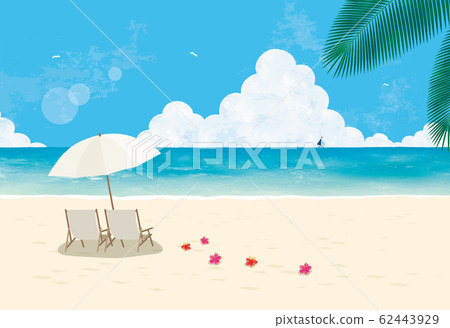 Hibiscus watercolor scattered with beach, umbrellas and palms 62443929