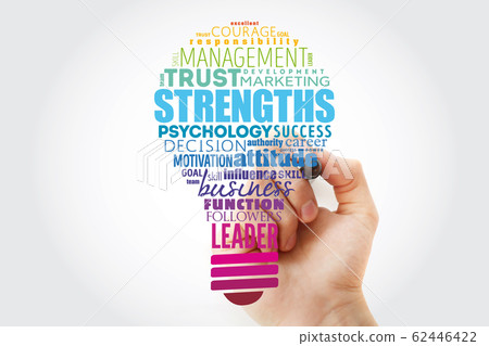 Strengths light bulb word cloud collage 62446422