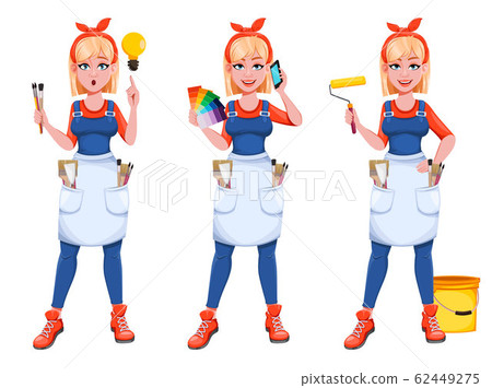 Painter woman with roller. Beautiful lady painter 62449275