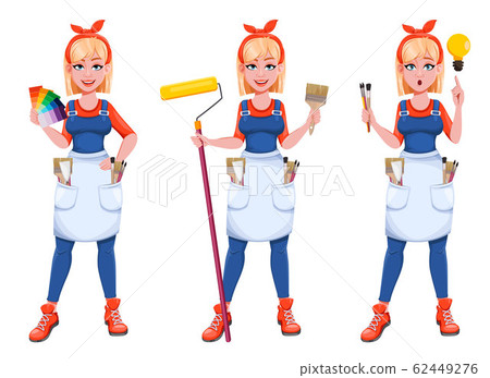 Painter woman with roller. Beautiful lady painter Painter woman with roller. Beautiful lady painter 62449276