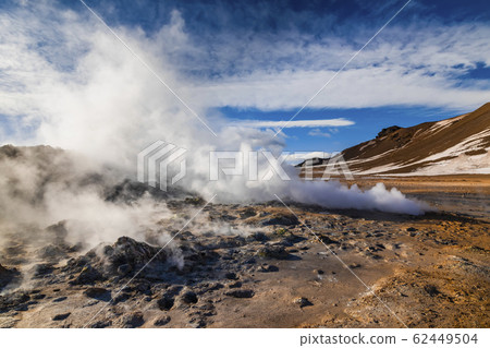 Namafjall Hverir geothermal area in Iceland. Aerial view 62449504