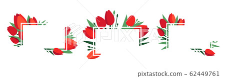 Vector set of positive floral frames with red tulip flowers and green leaves isolated on white. Greeting card template, poster. Design concept for banner, promotion offer, spring sale, advertising. Vector set of positive floral frames with red tulip flowers and green leaves isolated on white. Greeting card template, poster. Design concept for banner, promotion offer, spring sale, advertising. 62449761