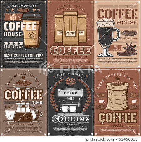 Coffee cups, pot, espresso machine, roasted beans 62450313