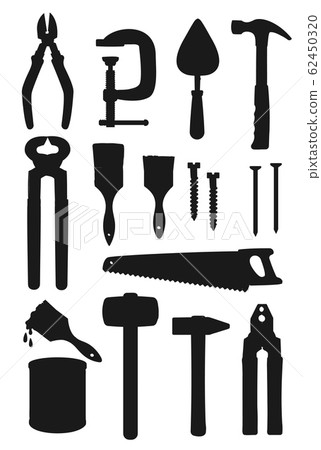 Hammer, saw, paint, brush, pliers. Work tools Hammer, saw, paint, brush, pliers. Work tools 62450320