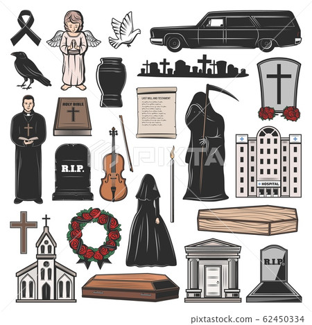 Funeral coffin, grave, candle and tombstone cross 62450334