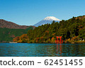 Red torii gate on the shore of Lake Ashi, near Mount Fuji in Hakone, Japan. 62451455