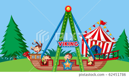 Scene with cute monkeys riding on viking ship in 62451786