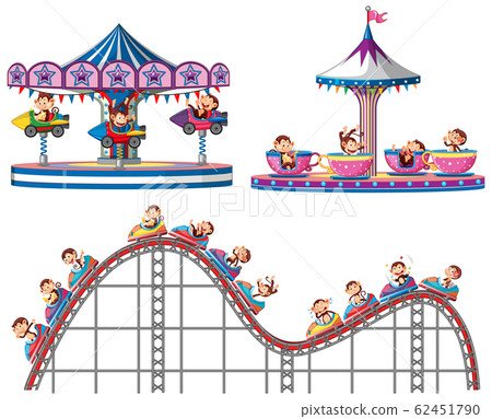 Set of monkeys riding on circus rides on white 62451790