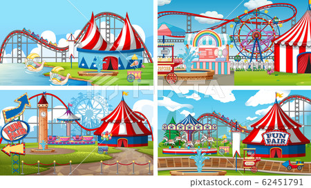 Four scenes with many rides in the fun fair 62451791