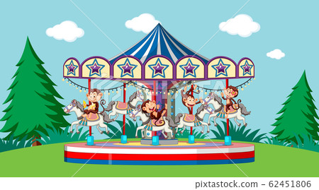 Scene with cute monkeys riding on carousel in the 62451806