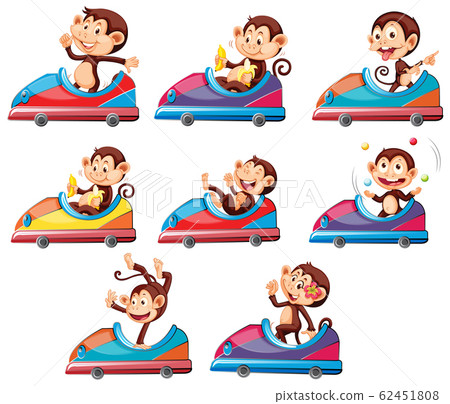 Set of monkeys riding on toy car 62451808