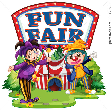 Fun fair with big sign and two happy clowns 62451880