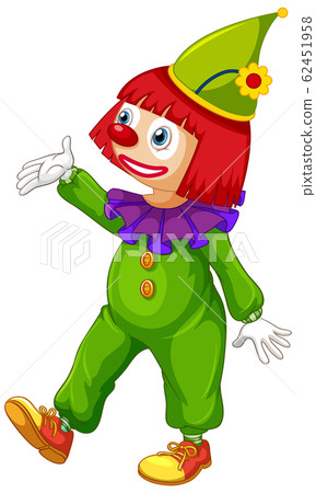 Happy clown in green jumpsuit on white background 62451958